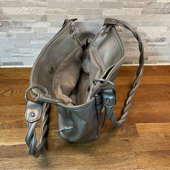 Rosetti Silver Metallic Satchel Shoulder Bag Faux Leather Braided Straps - Picture 7 of 14